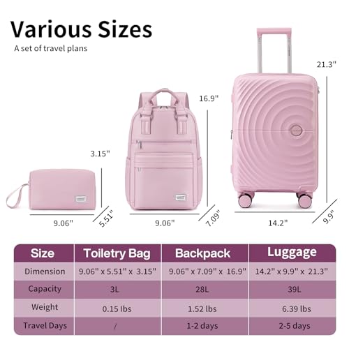 LARVENDER Expandable Carry On 3 Piece Luggage Set with Backpack 20 Inch - color: Light Pink, style: 3 Piece Sets