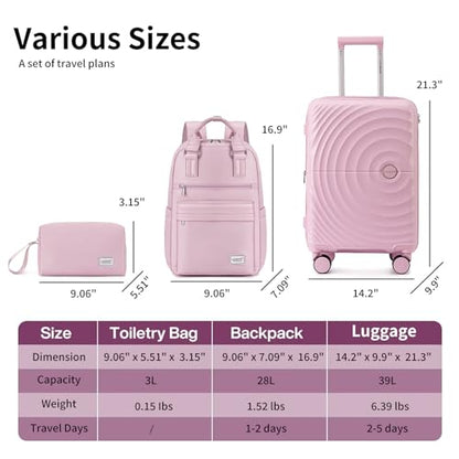LARVENDER Expandable Carry On 3 Piece Luggage Set with Backpack 20 Inch - color: Light Pink, style: 3 Piece Sets
