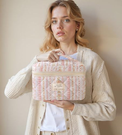 HBselect Quilted Makeup Bag, 3Pcs Cotton Large Travel Makeup Bags Organizer - color: A-3PCS-Floral 25