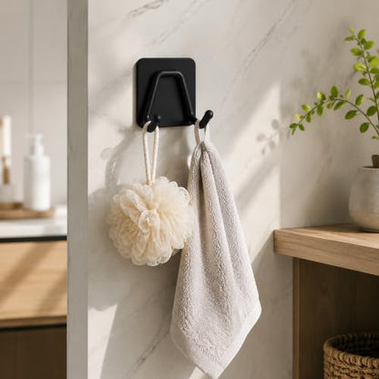 Adhesive Hooks - 4 Pack Heavy Duty Adhesive Wall Hooks, Self Adhesive Double Coat Hooks for Hanging Towels, Robes, Hats, Bags in Bathroom, Kitchen, Bedroom