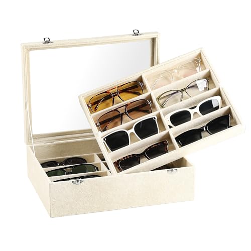 Frebeauty 16-Slot Sunglass Organizer Box,2 Layer Velvet Sunglasses Holder - color: Beige