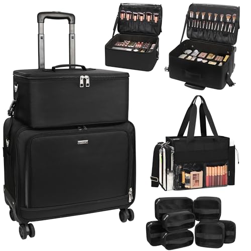 TANTO Rolling Makeup Bag, Pro Makeup Artist Bag with 7 Pouch & Tote Bag - color: 03-Black（3 in 1）