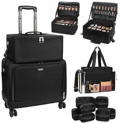 TANTO Rolling Makeup Bag, Pro Makeup Artist Bag with 7 Pouch & Tote Bag - color: 03-Black（3 in 1）