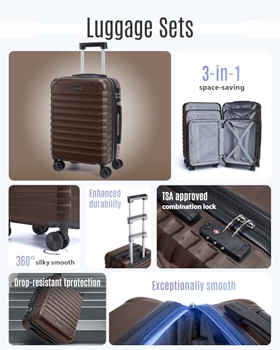 LIGHT FLIGHT Luggage Sets 3 Pcs Suitcase with Wheels,20"/24"/28",Brown - color: Brown, size: X Large