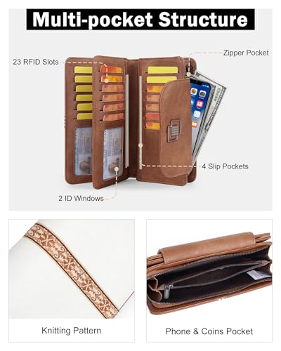 FADEON Leather Wallets for Women, Designer Large RFID Blocking Trifold - color: Beige Contrast Brown
