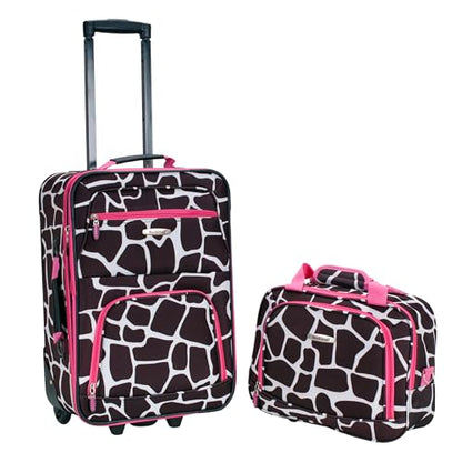 Rockland Fashion Softside 2 Piece Luggage Set, Expandable, (14" Tote/19" Upright), Pink Giraffe - color: Pink Giraffe, size: 2 Piece (19"/14" Tote)