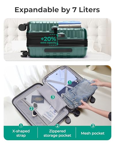 BAGSMART Carry-On Luggage 20" Expandable Spinner 22x14x9,Pine Green - color: Pine Green