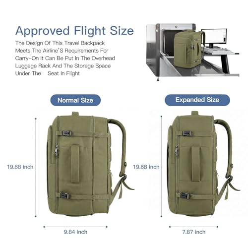 Carry On Backpack, Extra Large 50L Expandable Travel Backpack for Men Women - color: Army Green, size: 2X-Large(20"x14"x10")