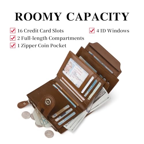 Wallet Women,RFID Blocking Leather Womens Wallet Bifold Compact Card Holder Small Wallet for Women with Removable ID Window Darkbrown - color: a3-darkbrown