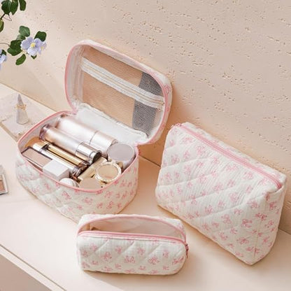 HBselect Quilted Makeup Bag, 3Pcs Cotton Large Travel Makeup Bags Organizer - color: A-3PCS-Floral 18