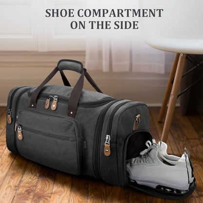 Gonex Canvas Duffle Bag, Expandable 60L Travel Overnight Weekender Bag - color: Dark Grey, size: X-Large-60L (With Shoe Compartment)