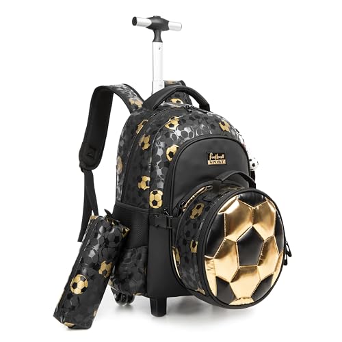 Meetbelify Rolling Backpack with Wheels for Boys Rolling Backpacks with Lunch Box Pencil Case for Elementary Students Kids Football Luggage Travel Suitcase for Boys 6-8 - color: Black Football