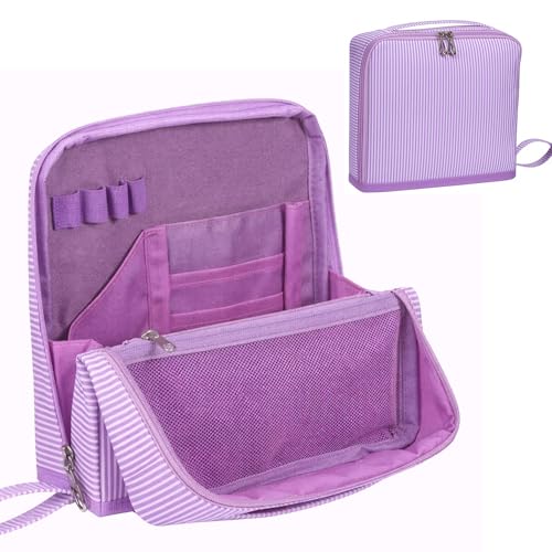 Striped Standing Makeup Bag Fold Down Organizer,Lavender - color: Lavender