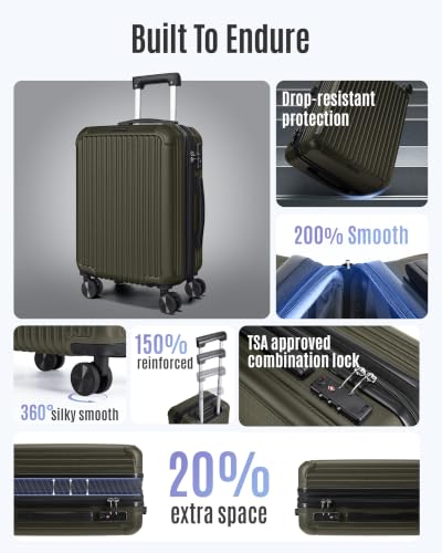 LIGHT FLIGHT 20 Inch Carry On Luggage 22x14x9 Airline Approved, Dark Green | Durable ABS hardshell suitcase with TSA lock, 20% expandable capacity from 35L to 42L, silent 360 spinner wheels - color: Dark Green, size: Carry-On - 20"