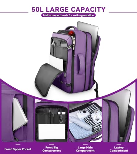 AREYTECO Carry On Backpack Airline Approved, Extra Large Laptop Backpack - color: Purple, size: 17.3 Inch (20''x13''x10'')