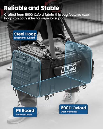 ILM Motorcycle Tail Bag 50-70L Expandable, Rain Cover Included Model BL02