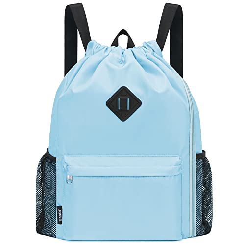 WANDF Drawstring Backpack with Shoe Compartment, Sports Gym Bag - color: L, Light Blue, size: Large