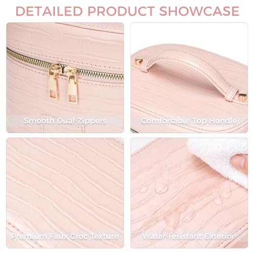 Leather Vanity Case Makeup Bag with Removable Divider, Washable Compartments, Dual Zipper & Carry Handle – Travel Toiletry Organizer for Women - color: Blush Pink