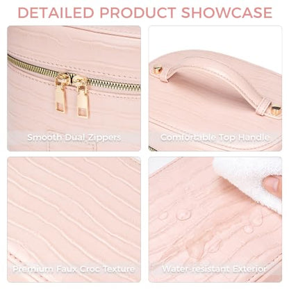 Leather Vanity Case Makeup Bag with Removable Divider, Washable Compartments, Dual Zipper & Carry Handle – Travel Toiletry Organizer for Women - color: Blush Pink