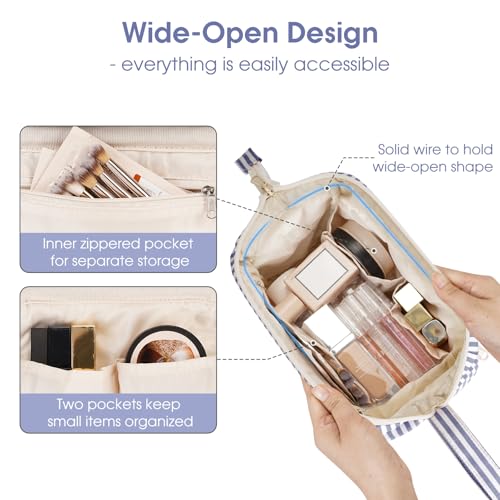 Narwey Travel Makeup Bag Toiletry Bag, Wide Open Cosmetic Bag for Women - color: D-Greyish Blue Stripe, size: Small