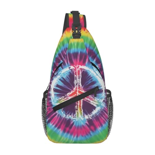 bassyil Tie Dye Peace Sign Rainbow Sling Bag Crossbody Travel Hiking Chest Backpack Shoulder Daypack for Women Men - color: Tie Dye