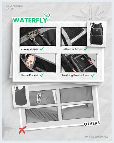WATERFLY Packable Hiking Backpack, 20L Small Lightweight Foldable Daypack - color: Black