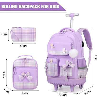 ACESAK Rolling Bow Backpack for Girls with Lunch Bag & Pencil Pouch - color: Purple