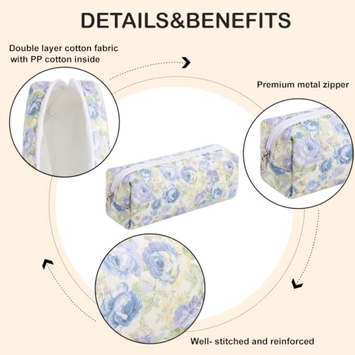 Cute Floral Makeup Brush Bag Small Cotton Quilted Cosmetic Bag for Women Travel Toiletry Zipper Make Up Pouch (Blue Rose) - color: Blue Rose
