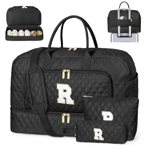 TIBES Birthday Graduation Gift for Her, Initial Weekender Bag for Women 45L - color: Black Diamond Quilted, style: R
