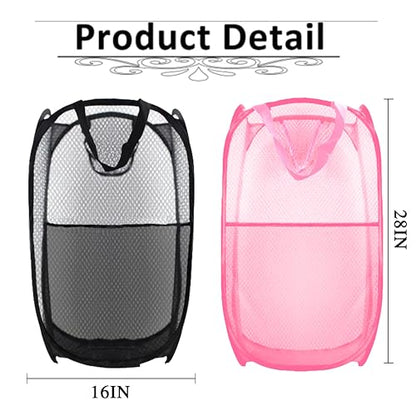 Collapsible Pop Up Laundry Hamper, Extra Large Mesh Foldable Laundry Basket Bag, 28" x 16" x 16", 2 Pack (Black + Pink) - color: 2P Black+Pink