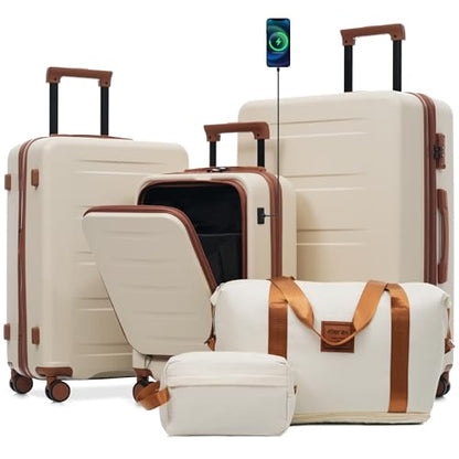 Merax Luggage Sets 5 Piece Front Open,Lightweight Expandable Luggage - color: White&Brown(20 top-open), style: 3-piece Set(20/24/28)