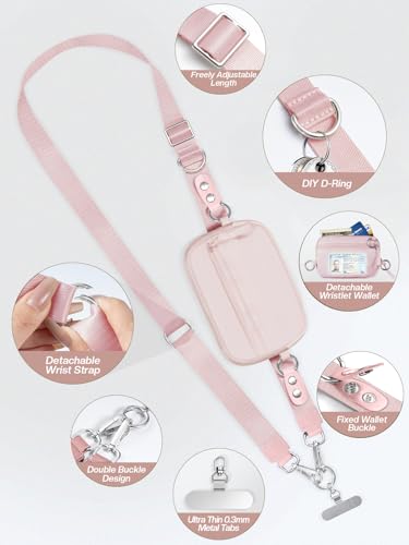 Tiostep Clip and Go Strap for Phone with Wallet Crossbody Phone Lanyard Adjustable and Detachable RFID Wristlet Wallet (Pink, Medium) - color: Pink, size: Medium