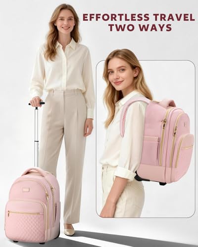 Arcoyard Rolling Backpack for Women, 15.6 Inch Travel Backpack with Wheels - color: Pink Gold, size: 15.6-inch