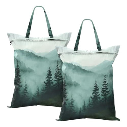 Travel Laundry Bags 2 PC Wet Dry Bag with Handle Dirty Clothes Organizer for Swimsuits Beach Camping Waterproof Washable Green Mountains and Pine Trees - color: Green Mountains and Pine Trees