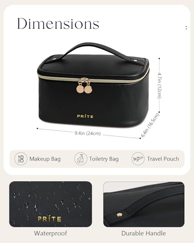 Prite Makeup Bag Travel Cosmetic Case, Women Toiletry Bag Organizer, Black - color: Black