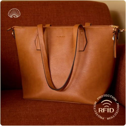Women’s 16” Laptop Tote Bag, Vegan Leather Work Bag with Cupholder, RFID & Anti-Pickpocket Trolley Sleeve - color: Brown