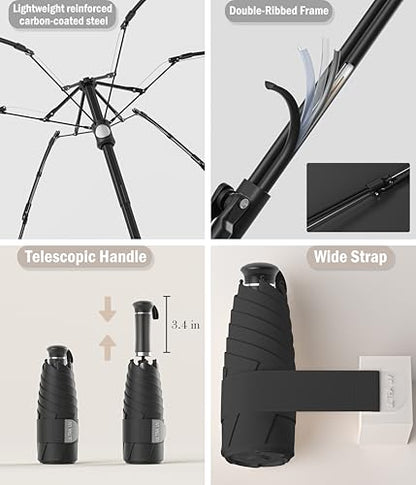 Mini Travel UV Umbrella Hidden Handle Ultra Compact Sun UPF 50+ - color: Black & 41.3"