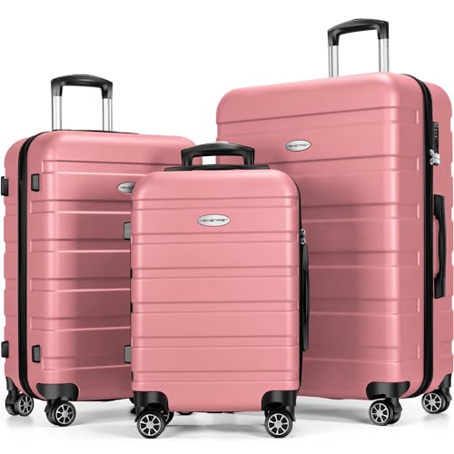 Luggage Sets Hardside Lightweight Suitcase with Spinner Wheels TSA Lock, 3-Piece Set (20/24/28) - color: Pink