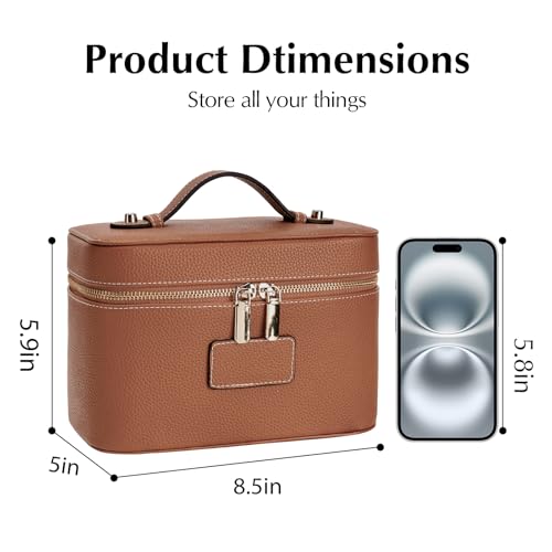 Makeup Case for Women, Leather Makeup Bag Cosmetic Case with Removable Divider, Large Capacity Waterproof Portable Travel Toiletry Make up Organizer Case - color: Light Brown