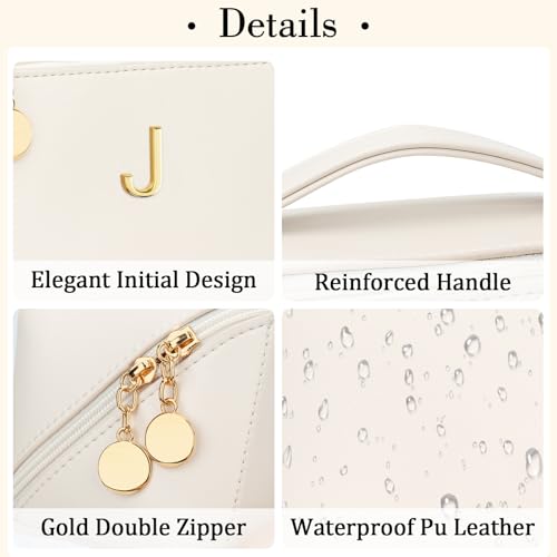 Initial Makeup Bag Personalized Gift for Women Teen Girls - color: Beige, style: J