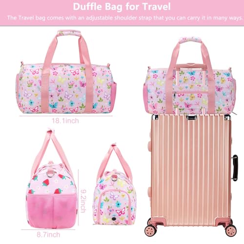 Gym Travel Duffle Bag for Girls - Gymnastics Sports Dance Bag with Shoe Compartment & Wet Pocket Starry Sky Kids Travel Bag Teens Weekender Sleepover Carry On Bag - color: Pink Butterfly