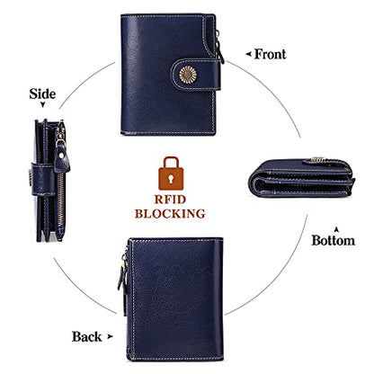 FALAN MULE Small Wallet for Women Leather Bifold Compact Small Womens Wallet with RFID Blocking - color: Deep Blue