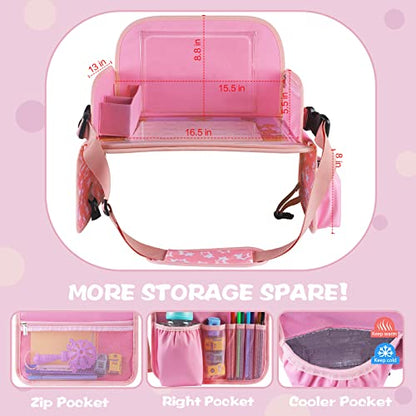 Bundle–2 Items: MENZOKE Car Seat Tray with Dry Erase Board and Cooler Cup Holder, Pink & Magic Pink