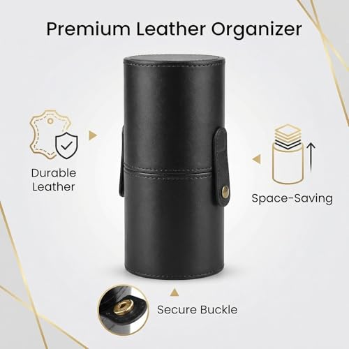PU Leather Makeup Brush Holder Travel Makeup Brushes Case Makeup Brush Case Organizer Cosmetic Cup Cylinder Makeup Brush Storage Box with Button for Women (Black)
