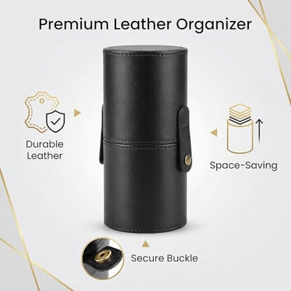 PU Leather Makeup Brush Holder Travel Makeup Brushes Case Makeup Brush Case Organizer Cosmetic Cup Cylinder Makeup Brush Storage Box with Button for Women (Black)