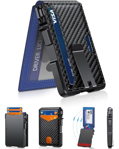 Wallet for Men, Mens Minimalist Wallet 9-13 Cards, Slim Compact RFID Wallet - color: Carbon Fiber & Blue