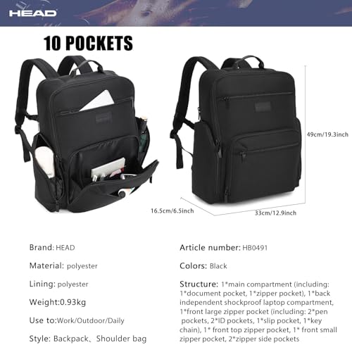 HEAD Large Business Backpack for Men,Travel Backpacks Fits 17.3 inch Laptop