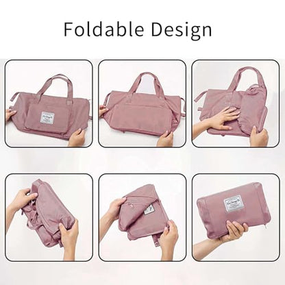 Large Capacity Foldable Travel Bag, Expandable Waterproof Carry on Bag, Dry and Wet Separation Spor Duffel Bags - color: Pink