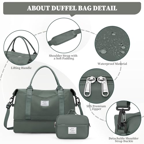 Weekender Bags for Women, Personal Item Travel Bag with Shoes Compartment - color: Olive Green, size: Medium