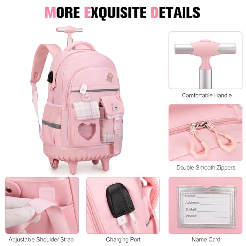 ACESAK 3PCS Rolling Backpack for Girls Children, Girls Backpack with Wheels - color: Pink